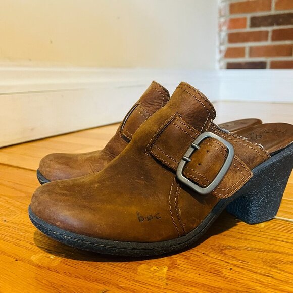 Born Womens Mule Size 8 Brown Leather Block Heel Clog Comfy Shoe - Picture 2 of 14